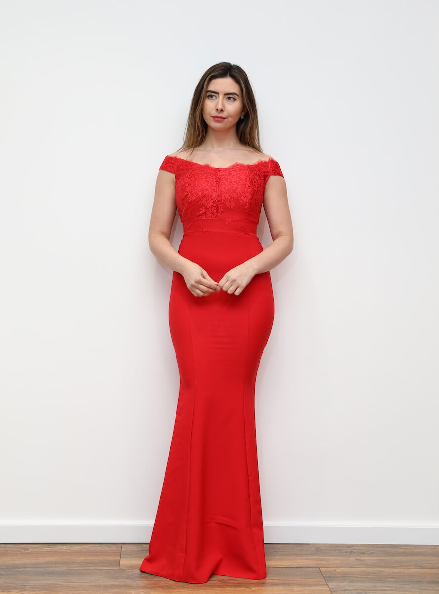 off shoulder gown with lace