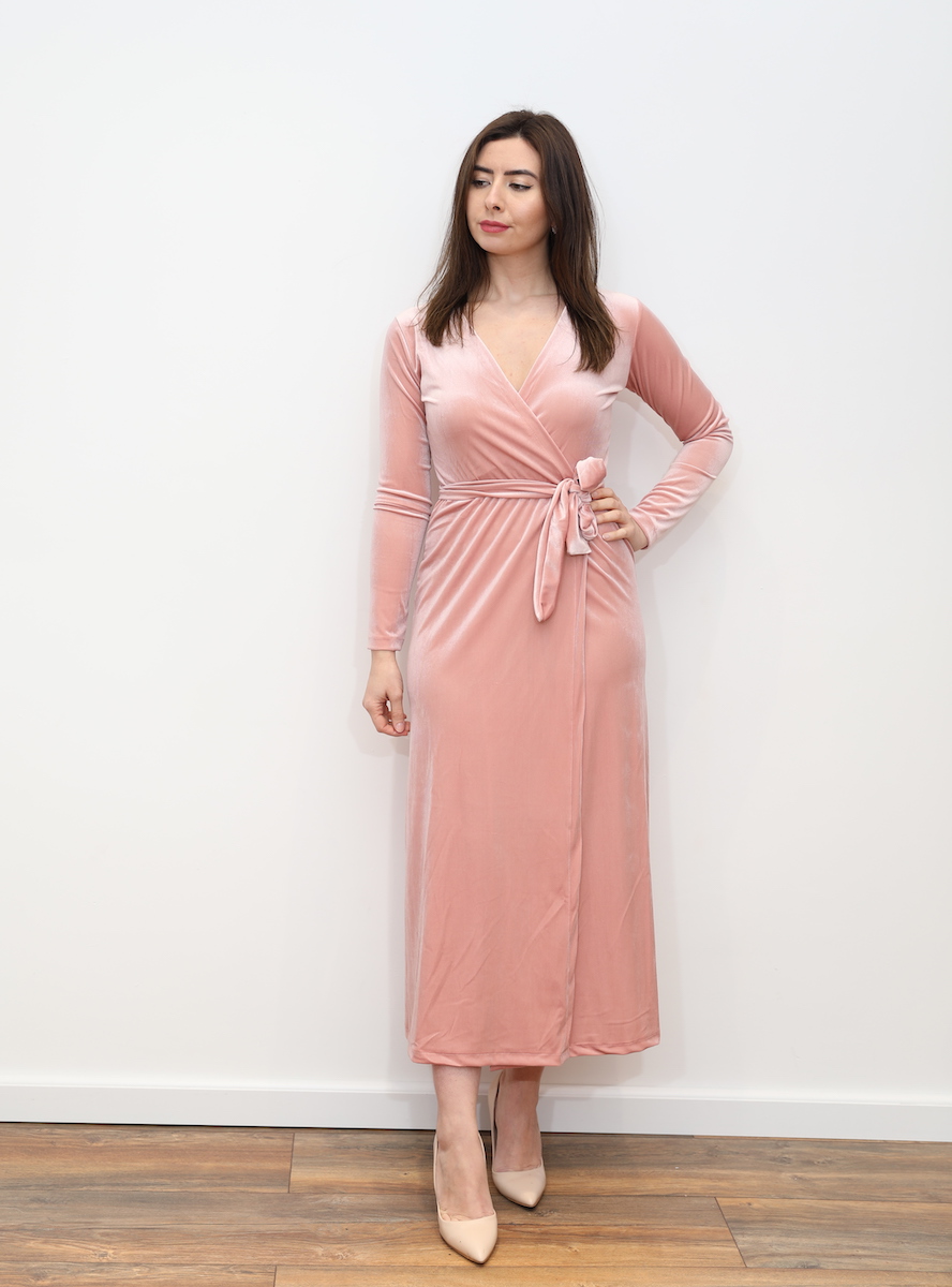 velvet wrap midi dress