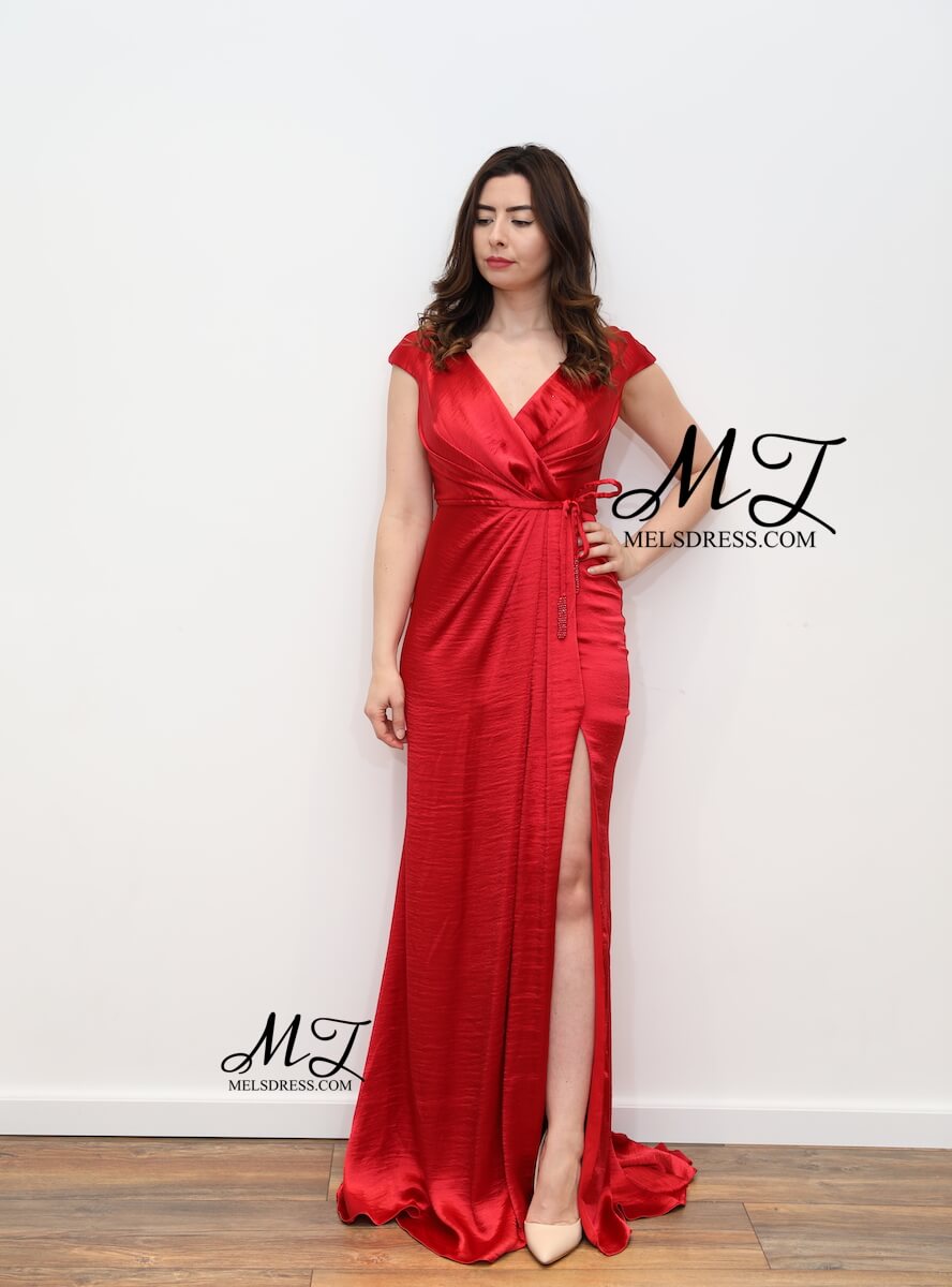 red satin floor length dress
