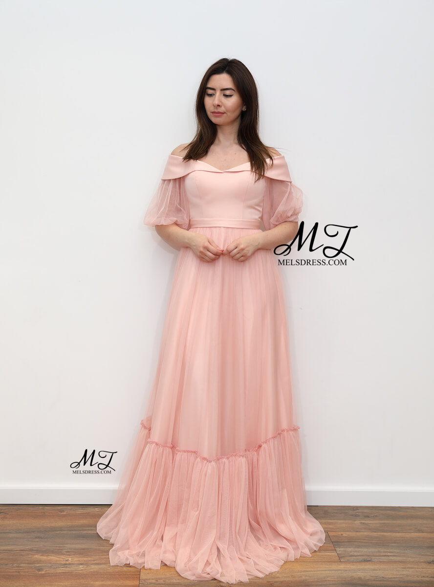 pink off the shoulder maxi dress